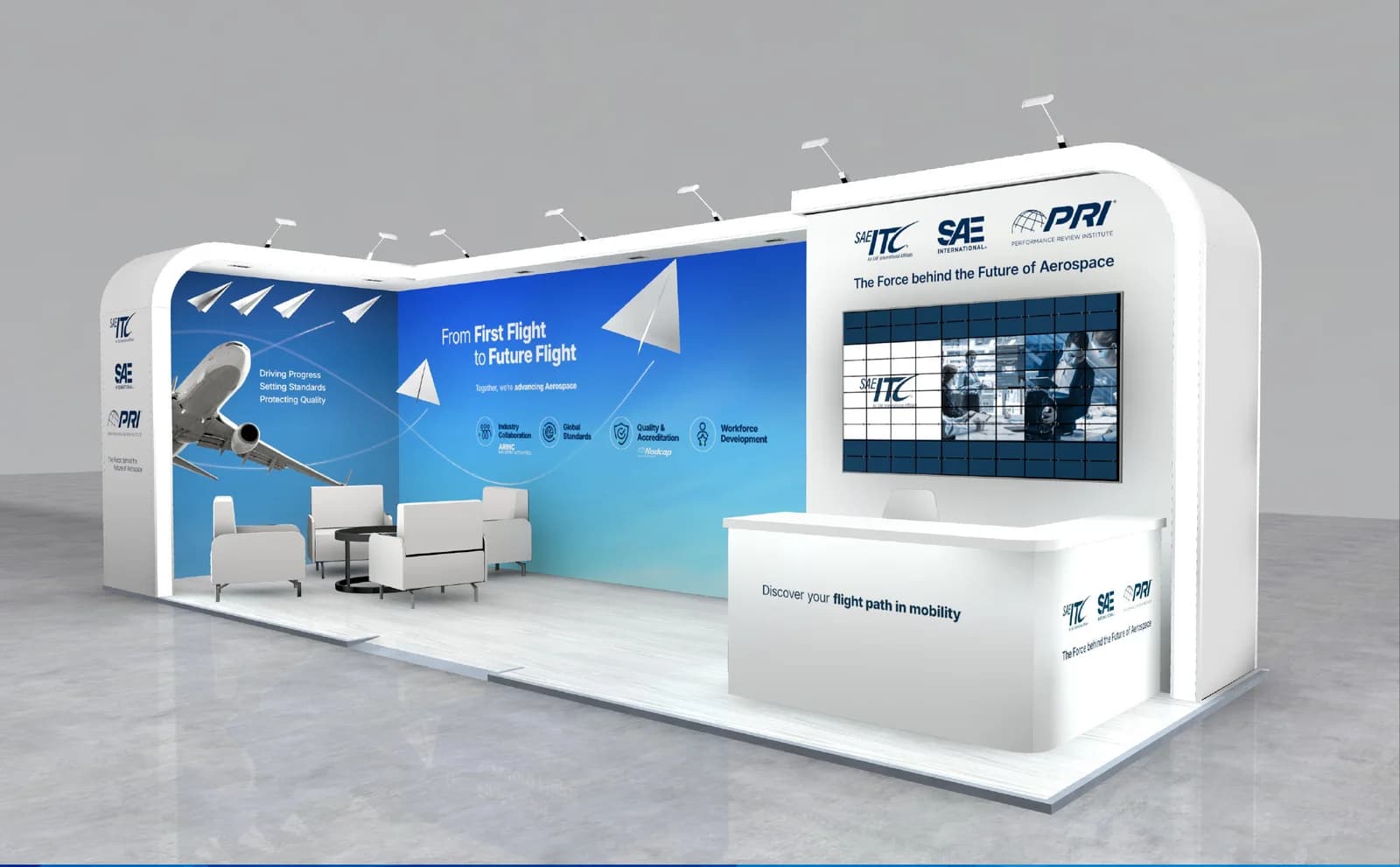Fullsight stand at Farnborough Airshow 2026 — front three-quarter view with LED video wall and reception counter