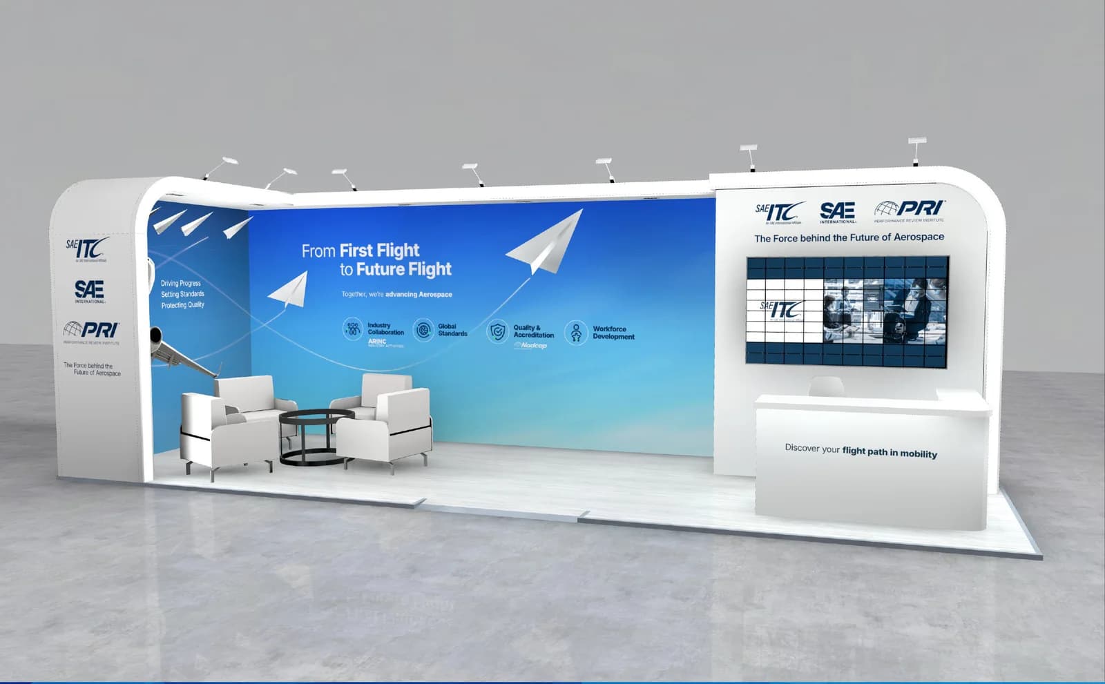 Fullsight stand at Farnborough Airshow 2026 — head-on view of the From First Flight to Future Flight back wall and seating area