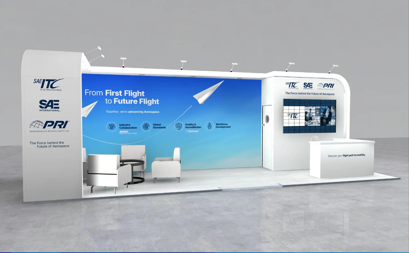Fullsight stand at Farnborough Airshow 2026 — side elevation showing SAE ITC, SAE International and PRI branding tower
