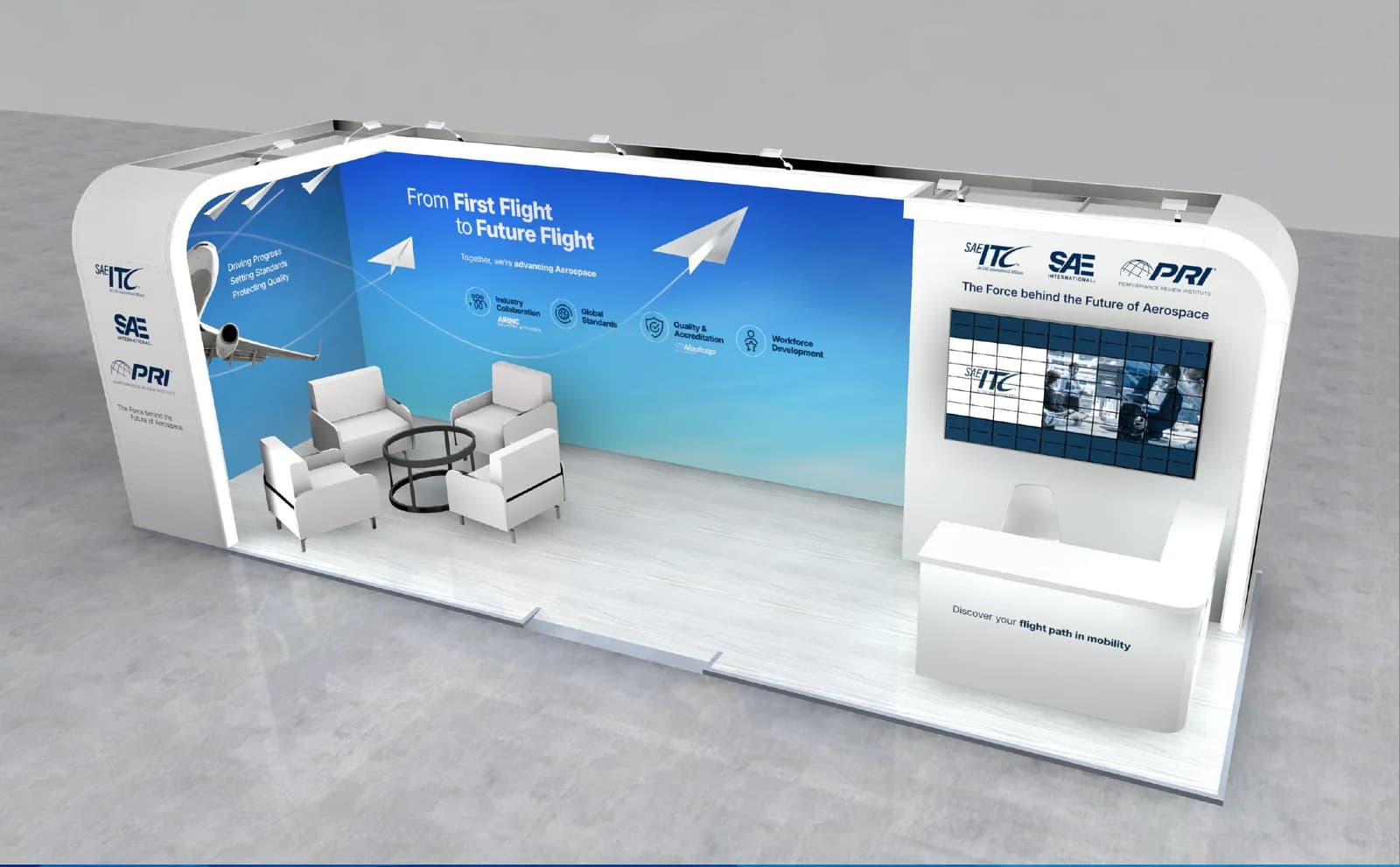 Fullsight stand at Farnborough Airshow 2026 — elevated view across the lounge seating and video wall