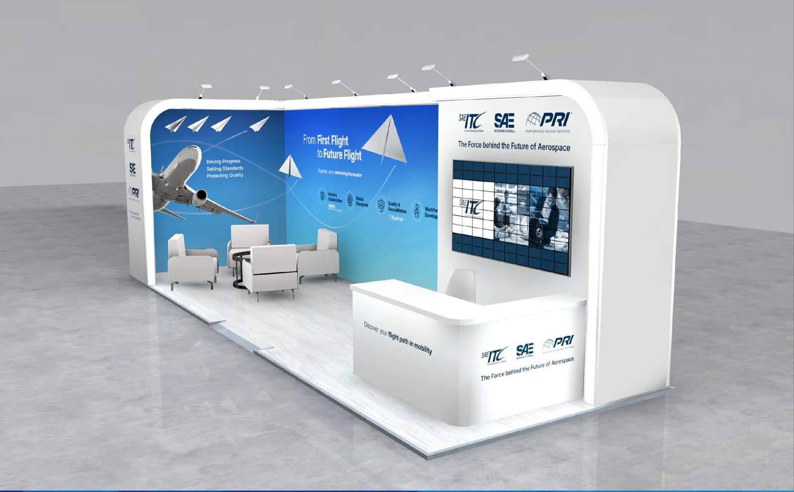 Fullsight stand at Farnborough Airshow 2026 — reception counter with Discover your flight path in mobility messaging